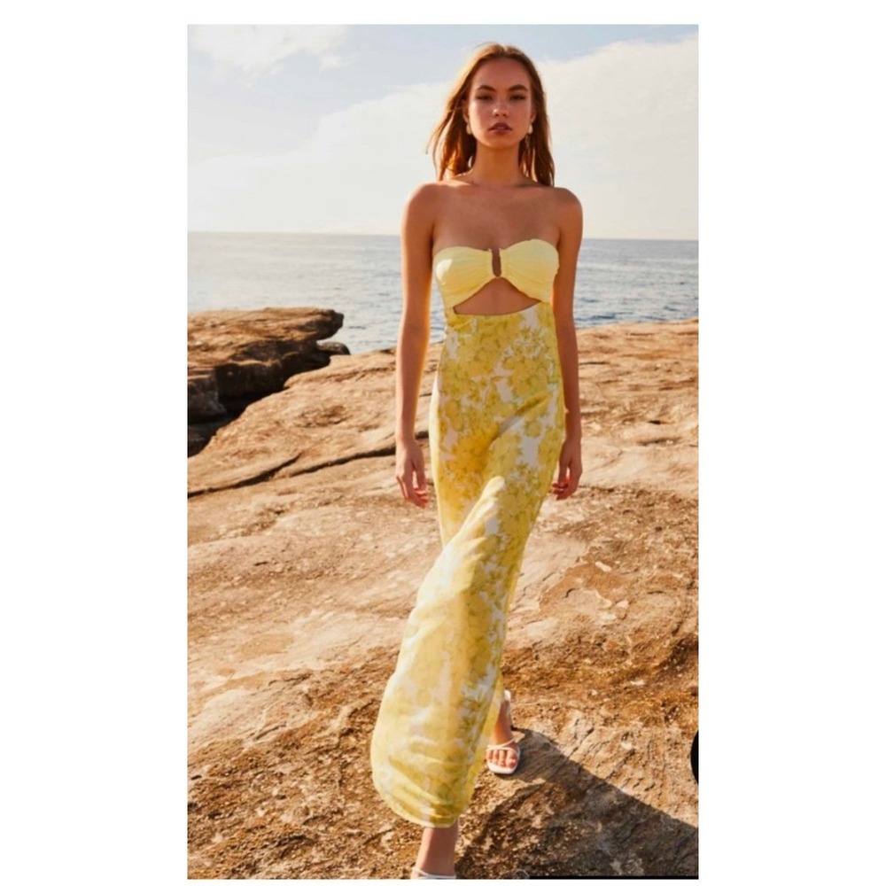 Peppermayo Tropicana Maxi Dress Size 4 Yellow Floral Cutout Strapless NWT Euro - Picture 1 of 12